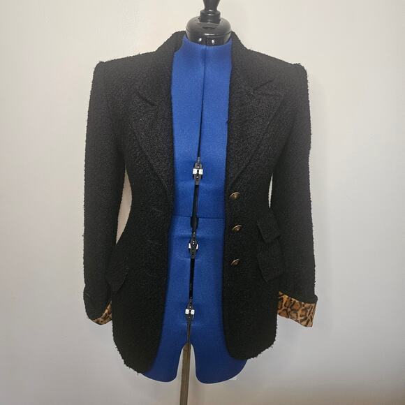 Vtg Limited Black Tweed fitted Jacket with faux fur leopard print cuffs - Picture 1 of 5